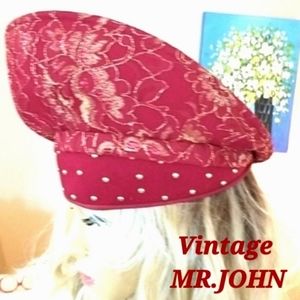 Vtg 60's MR JOHN Red Gorg Quirky Gold Lace Studs Eclectic Movie Star Unique Hat